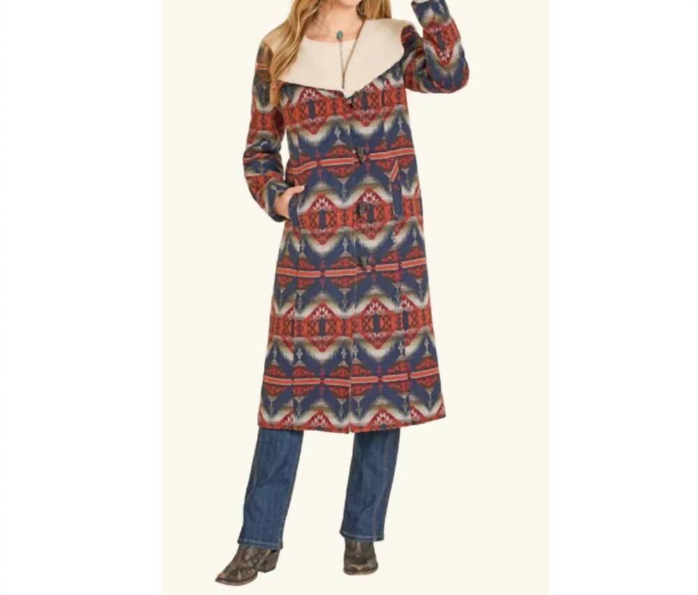 NEW PANHANDLE aztec jacquard sherpa lined long hooded coat in navy multi